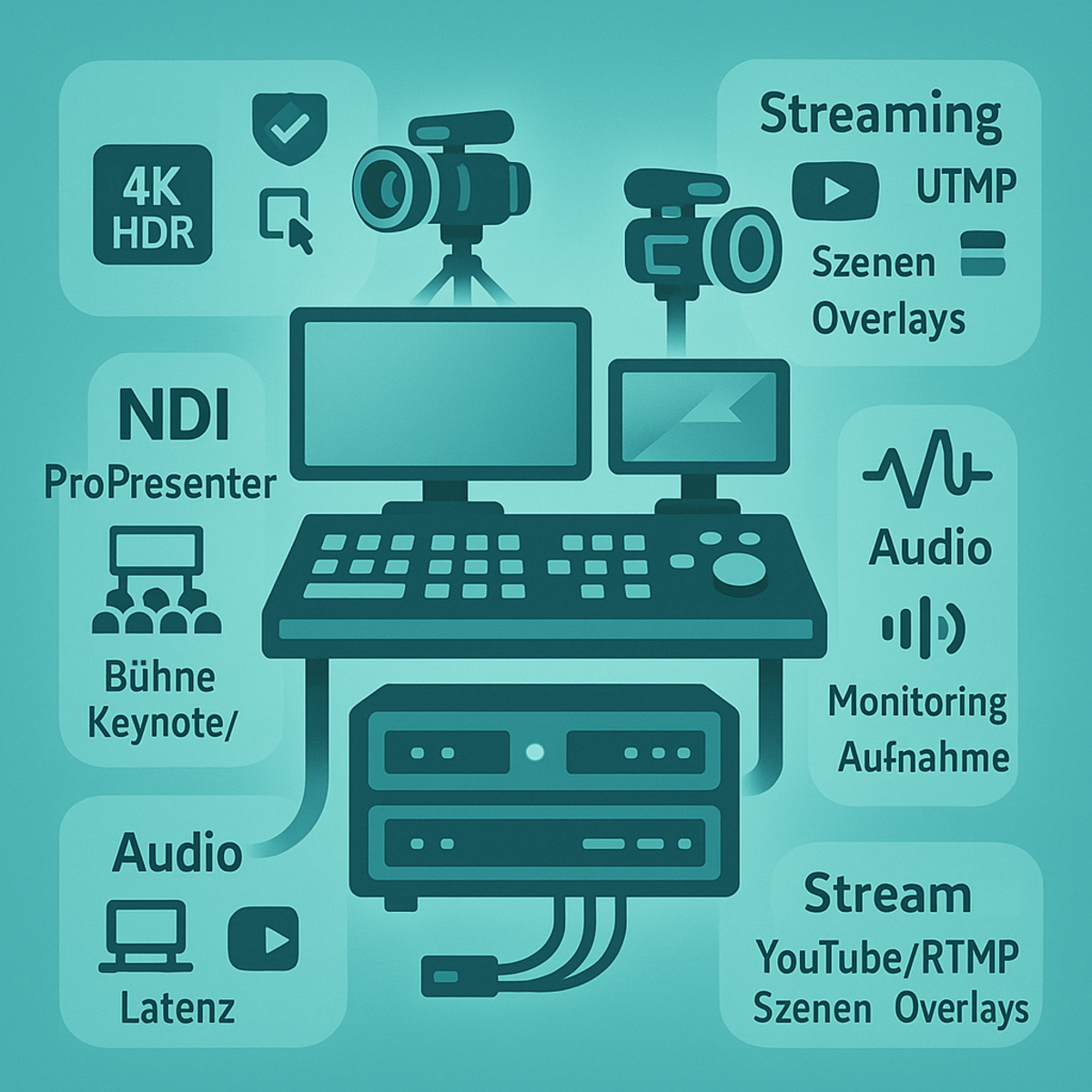 Symbolbild: Regie-Setup mit Mischpulten und Monitoren